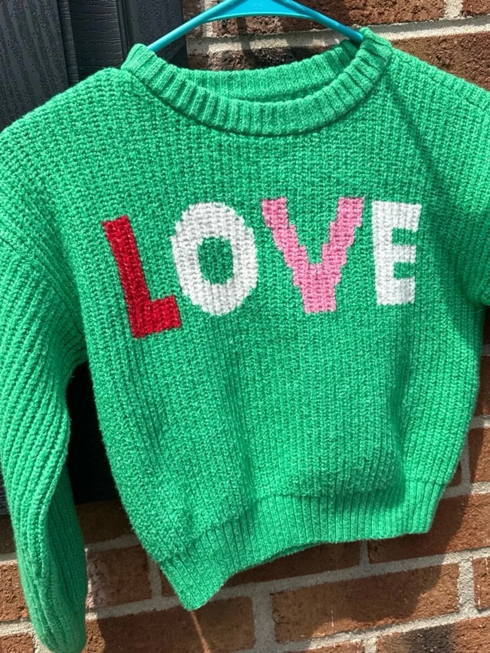 Old Navy Green Knit Sweater with Red, White & Pink LOVE Intarsia